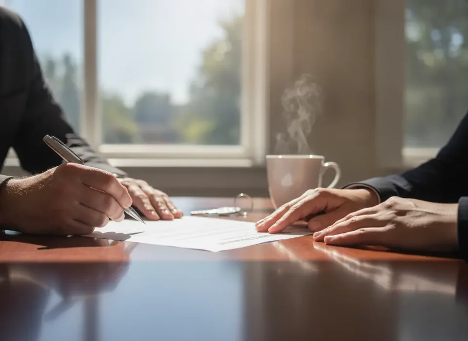Hands signing closing papers at a South Carolina attorney's office