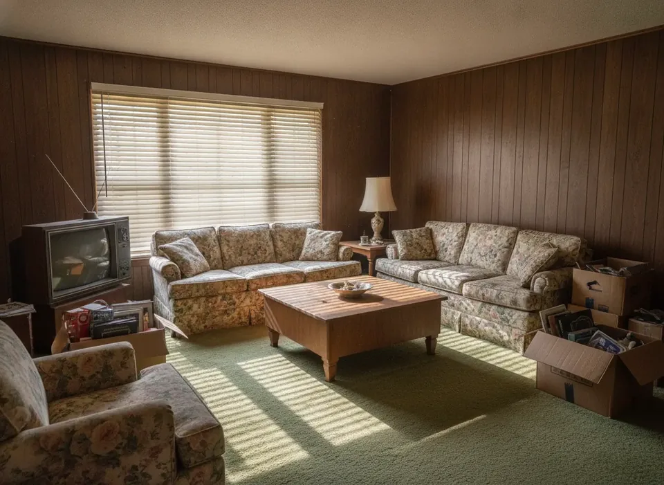 Dated living room with boxes in an inherited Charleston home